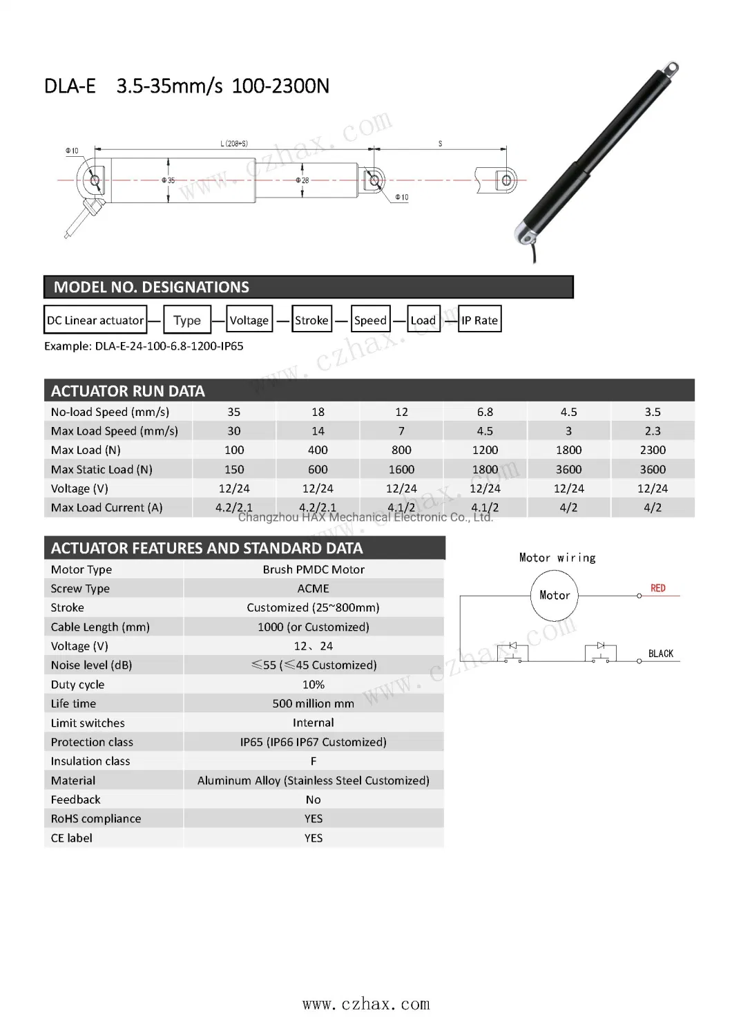 12VDC Linear Actuator Tubular Shape with 1000n 2300n Load IP66 Waterproof